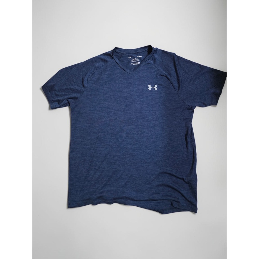 Under Armour Mens Tech Tee Navy Blue Heather V-Neck Short Sleeve Shirt Medium